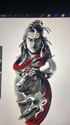 a computer screen with an image of lord rama on it's face and two bulls in the background