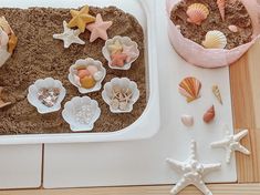 there are shells and seashells in the sand on the counter next to each other