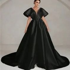 Dresses | Black Voluminous Princess Dress | Poshmark Cocktail Gown With V-neck And Sweep Train, V-neck Gown With Sweep Train For Cocktail, V-neck Cocktail Gown With Sweep Train, Black Satin V-neck Evening Dress, Black V-neck Evening Gown, Black V-neck Maxi Dress For Wedding, Black V-neck Gown For Cocktail, Black V-neck Gown For Evening, Black V-neck Cocktail Gown