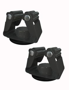 two black plastic clamps with metal knobs