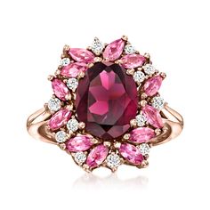 Ross-Simons - 3.50ct Rhodolite Garnet, 1.00ct t. w. Pink Tourmaline, .25ct t. w. Diamond Ring Oval Cut Size 8. A contemporary testament to timeless glamour, this ring boasts a wine-colored 3.50 carat oval rhodolite garnet brought to life by a flowering halo of 1.00 ct. t. w. marquise pink tourmalines and shimmery .25 ct. t. w. round brilliant-cut diamonds. Crafted in 14kt rose gold. 5/8" wide. Diamond, pink tourmaline and rhodolite garnet ring. Pink Garnet Ring, Diamond Ring Oval, Rhodolite Garnet Ring, Pink Garnet, Garnet And Diamond Ring, Timeless Glamour, Silver Party, Pink Spinel, Pink Tourmaline Ring