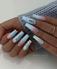 Nail arts/nail polish/blue Summer French Nails, Light Blue Nail Designs, Blue Coffin Nails, Blue Gel Nails, Light Blue Nails, Baby Blue Nails, Nagel Tips, Smink Inspiration, Blue Nail Designs