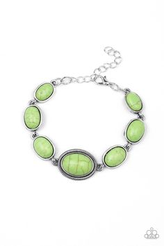 Slightly varying in size, smooth oval green stones are pressed into the centers of antiqued silver frames as they link around the wrist for a seasonal fashion. Features an adjustable clasp closure. Sold as one individual bracelet. Green Stone Bracelet, Green Stones, Silver Frames, Paparazzi Accessories, Green Stone, Seasonal Fashion, Boutique Jewelry, Adjustable Bracelet, Stone Bracelet