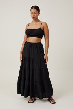 HAVEN TIERED MAXI SKIRT Tiered Black Skirt Outfit, Black Tiered Maxi Skirt Outfit, Tiered Skirt Outfit Summer, Black Maxi Skirt Outfit Summer, Black Tiered Skirt Outfit, Black Flowy Skirt Outfit, Tiered Maxi Skirt Outfit, Tiered Skirt Outfit, Flowy Black Skirt