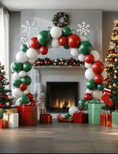 christmas decorations and presents in front of a fireplace