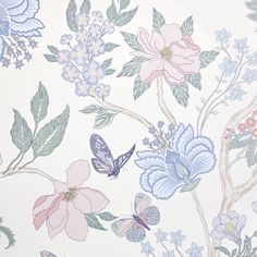 a wallpaper with flowers and butterflies on it, painted in pastel blue and pink