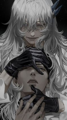 an anime character with long white hair and black gloves holding another character in her arms