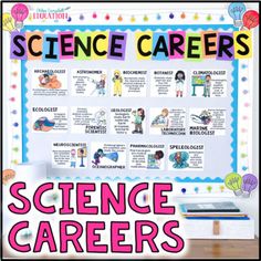 This career exploration bulletin board is perfect for grabbing your students' interests in a variety of science careers. Your students will love learning about different careers in STEM. Display the careers with a picture, short description, and choose the bulletin board title that best fits your classroom. This bulletin board can be used to connect science to future careers for your students. Students will learn about the variety of science careers that are available. View the preview to see mo High School Biology Bulletin Boards, Science Room Decor Classroom Ideas, Science Classroom Decorations Highschool, Science Bulletin Board Ideas, Middle School Science Classroom Decor, Science Teacher Classroom, Health Science Classroom, Stem Display, Stem Classroom Decor