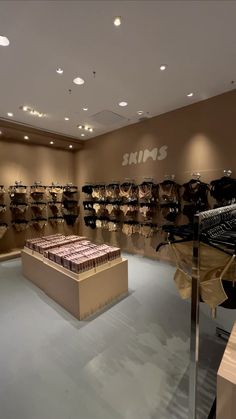 the inside of a shoe store filled with lots of shiny shoes and bags on display