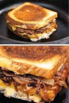 two pictures of a sandwich with meat and cheese