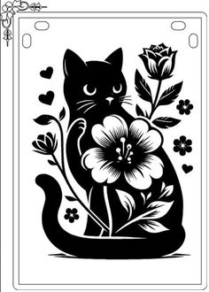 a black and white image of a cat with flowers