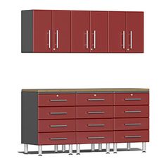 two red and black cabinets next to each other on metal legs in front of a white background