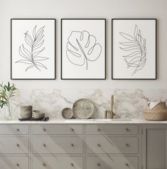 three framed art prints hanging on the wall above a marble countertop in a kitchen