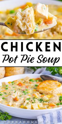 chicken pot pie soup in a white bowl with a spoon