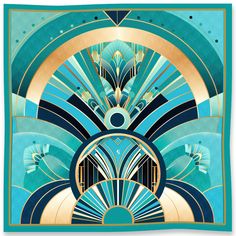 an art deco poster with blue and gold colors on the front, featuring abstract shapes