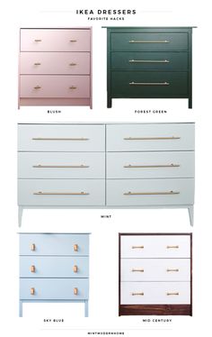 ikea dressers in different colors and sizes with brass pulls on the handles,