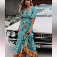 New! Trendy B-Neck Tassel Draw String Waist Floral Print Ruffle Bottom Short Sleeve V-Neck Bohemian Maxi Dress Available In Green And Blue Stile Boho Chic, Boho Mode, Chic Maxi Dresses, Floral Print Dress Long, Stil Boho, Mode Boho, Short Sleeve Maxi Dresses, Floral Print Maxi Dress, Boho Maxi