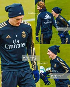 the real madrid goalkeeper is wearing his new adidas jersey and beanie while walking on the field