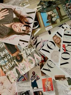 a pile of magazine covers and photos on top of each other with the same woman's face