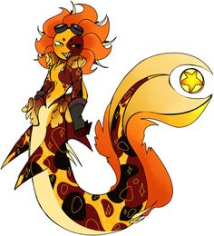 A digital drawing of Solar from TSAMS as a mermaid. He is yellow with a pale belly and his body is littered in calico-like brown-y red and orange markings. He has grey goggles on his head on fingerless leather gloves on his hands. He has many frills that are torn and damaged as well as a couple of pale scars on his body. Between his pale tail fins, there is a glowing yellow star suspended inside of a yellow bubble between the fins Sun And Moon Drawing Aesthetic, Grain Fanart, Fingerless Leather Gloves, Sea Siren, Yellow Star