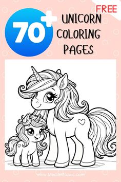 an adult coloring book with the title, 70 + free unicorn coloring pages for kids