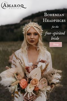 Blonde bride in lace wedding dress wearing a gold Amaroq Design crown in a meadow with a bouquet of dried florals Bohemian Headpiece, Shooting Couple, Bride Headpiece, Dream Wedding Ideas Dresses, Bohemian Bride, Local Wedding, Gold Filigree, Wild Hearts, Bridal Headpieces