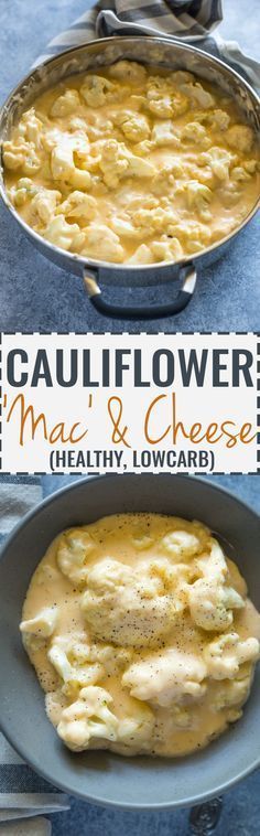 cauliflower mac and cheese in a skillet on a blue tablecloth with the words cauliflower mac and cheese above it