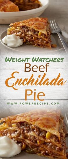 the cover of weight watchers beef enchilada pie with sour cream on top