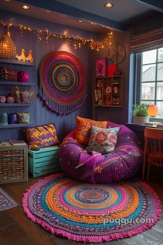 a living room with purple walls and colorful rugs