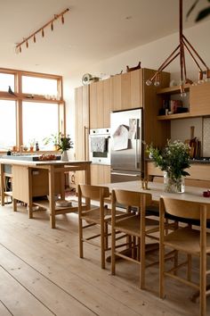 a kitchen filled with lots of wooden furniture