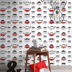 the wallpaper is decorated with black and red mustaches