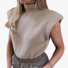 Women’s Shoulder Pad Turtleneck Sleeveless Sweater Size: Small Color: Khaki - Models Wearing A Different Color Never Worn Ordered This And The Color Is Incorrect, Couldn’t Return. Luxury Casual Cropped Sweater With Ribbed Collar, Knit Top Outfit, Collared Knit Top, Turtleneck Fashion, Sleeveless Turtleneck Sweater, Sleeveless Turtleneck Top, Sleeveless Turtleneck Sweaters, Sleeveless Turtleneck, Casual Cap