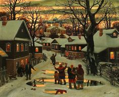 a painting of people standing in the snow near houses and trees with lights on them