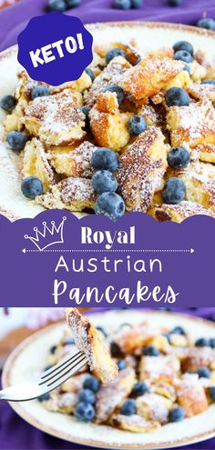 blueberry french toast on a plate with the words keto royal austrian pancakes