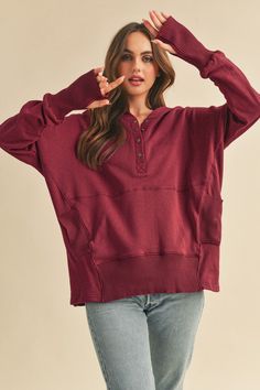 Embrace ultimate comfort with our oversized Vivi hoodie pullover, perfect for post-workout or leisure time. It boasts a button-up neckline and boldly ribbed piecing, adding a touch of style. The front pouch pocket and thumbholes at cuffs enhance functionality, while the dropped dolman sleeves ensure a relaxed fit. Stay cozy and fashionable in this go-to sweatshirt for any occasion.Made In: Imported Fabric Contents: 100% Cotton Cocktail Dress Curvy, Casual Cocktail Dress, 4th Of July Dresses, Curvy Swimwear, Summer Cardigan, Blue Pullover, Spring Sweater, Leisure Time, Hoodie Pullover