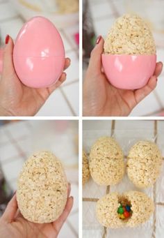 four pictures show how to make rice krispy kreme balls with candy in them