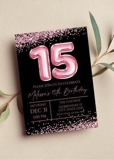 a black and pink 13th birthday party card with confetti on the front, featuring an age 15