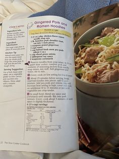 the recipe book is open to show what it's like to eat with noodles