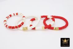 Red, White, and Gold Bracelet in Heishi Beads by Regina Harp Designs These bracelets are in a Red, White, and Gold colors with your choice of bracelet style. They can be made with our other bead colors as well; message us if you would like to customize your bracelet. If you need a smaller or extra large size in the bracelet, please leave us a note with your order. To measure your wrist size you can wrap a piece of string around your wrist and mark it. Then lay the string down flat and measure how long it is and that is your bracelet size. **SPECIFICATIONS** Measurements Approximately: Length is 6.5~7 inches Stones: 6 mm Heishi clay beads Quantity of Items: 1 bracelet unless otherwise selected Materials: Fiber stretchy cord, Brushed gold beads, gold or purple letters Ships in Jewelry Organz Red Bohemian Jewelry With Letter Beads, Red Bohemian Bracelets With Letter Beads, Bohemian Red Bracelets With Letter Beads, Bohemian Red Jewelry With Letter Beads, Adjustable Red Letter Beads, Adjustable Red Bracelet With Letter Beads, Adjustable Red Heishi Beads Friendship Bracelets, Red Beaded Bracelet With Letter Beads For Holidays, Red Bohemian Beaded Bracelets With Heart Beads