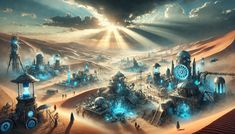 a futuristic city in the desert with lots of blue light coming from its towers and buildings