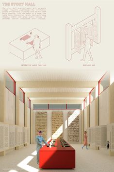 an architectural drawing shows the inside of a museum with people looking at items on display