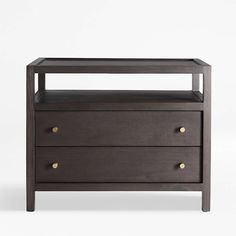 an empty wooden dresser with two drawers on one side and a drawer on the other