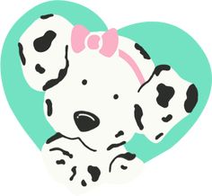 a dalmatian puppy with a pink bow on its head sitting in front of a heart