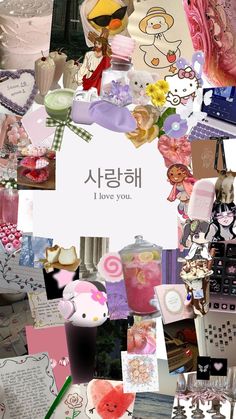 the collage has many different pictures and words on it, including an i love you sign