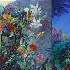 two paintings of flowers and plants with blue sky in the background