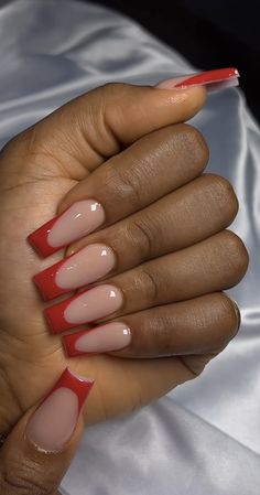 Coffin Shape Nail Inspiration, Red French Tip Nails Coffin Short, Nail Designs Square Shape Long, Red Nail Coffin, Red French Tip Nails Black Women, Red Acrylic Nails French Tip, Red Nails Simple Design, Long Red French Tip Nails, Red Coffin French Tip Nails