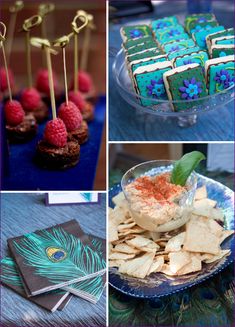 some food and desserts are arranged in pictures on a blue tablecloth with peacock feathers