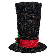 Lighted black tinsel snowman top hat Christmas tree topper. Pre lit by 10 clear incandescent mini lights. Top hat is decorated with a red band and glittered holly berry accent Top Hat Christmas Tree Topper, Hat Christmas Tree Topper, Top Hat Christmas Tree, Snowman Top Hat, Black Christmas Tree Decorations, Tinsel Tree, Black Christmas Trees, Snowman Christmas Tree, Christmas Tree Topper