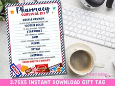 a printable pharmacy survival kit next to a keyboard and cup of coffee on a desk