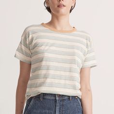 Brand New, Unworn Madewell Striped Women's T-Shirt. Light Blue And Cream Stripe With Knit Trim On Neck. 100% Light And Airy Slub Cotton, With Shirttail Hem. Body Length From High Point Of Shoulder: 26 1/4" (Based On Size M). Cream Relaxed Fit Everyday Tops, Soft-washed Light Wash T-shirt For Everyday, Everyday Light Wash Relaxed Fit T-shirt, Casual Cream Everyday Top, Relaxed Fit Light Wash T-shirt For Everyday, Casual Cream Tops For Everyday, Casual Everyday Cream Top, Soft-washed Cotton Cream Tops, Casual Cream Soft-washed Top